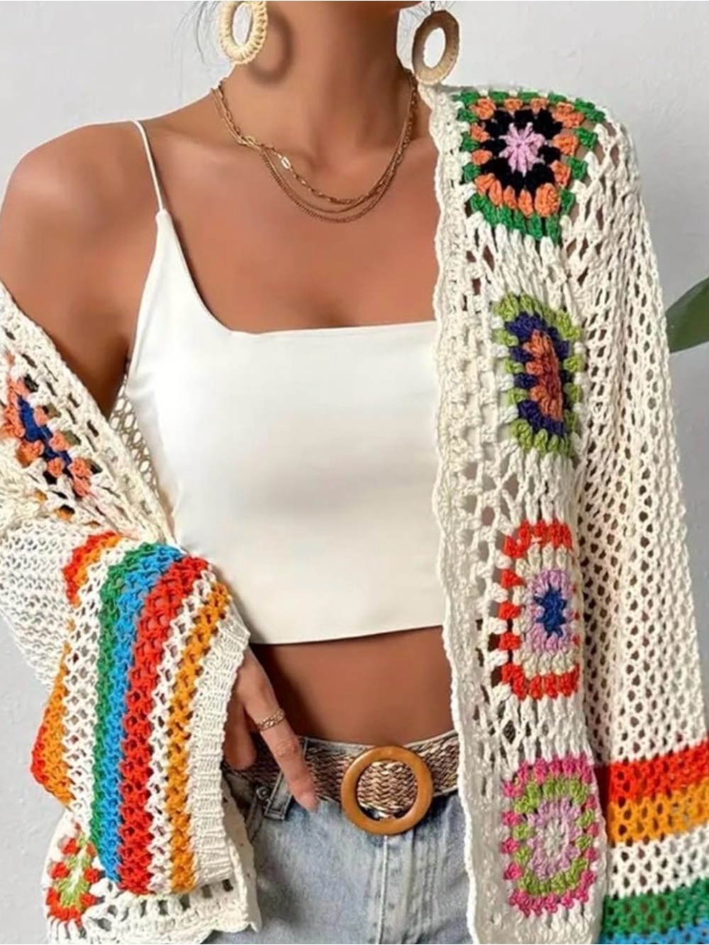 Crochet Open-Front Cardigan Sweater - Cream with Multicolor Accents